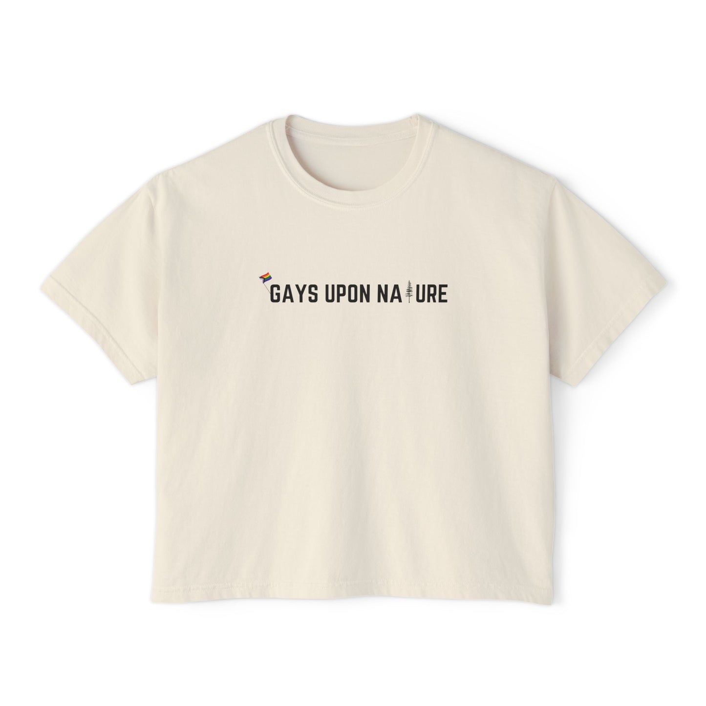 Tiny Pride Flag and Tree Boxy Tee (Black Font)