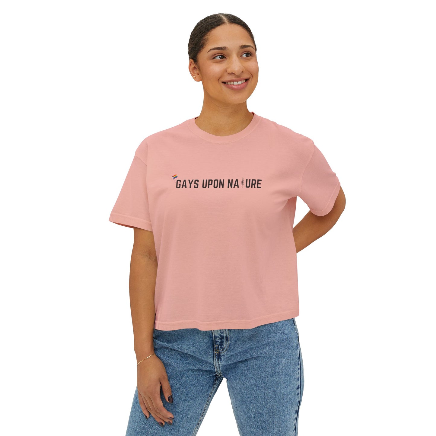 Tiny Pride Flag and Tree Boxy Tee (Black Font)