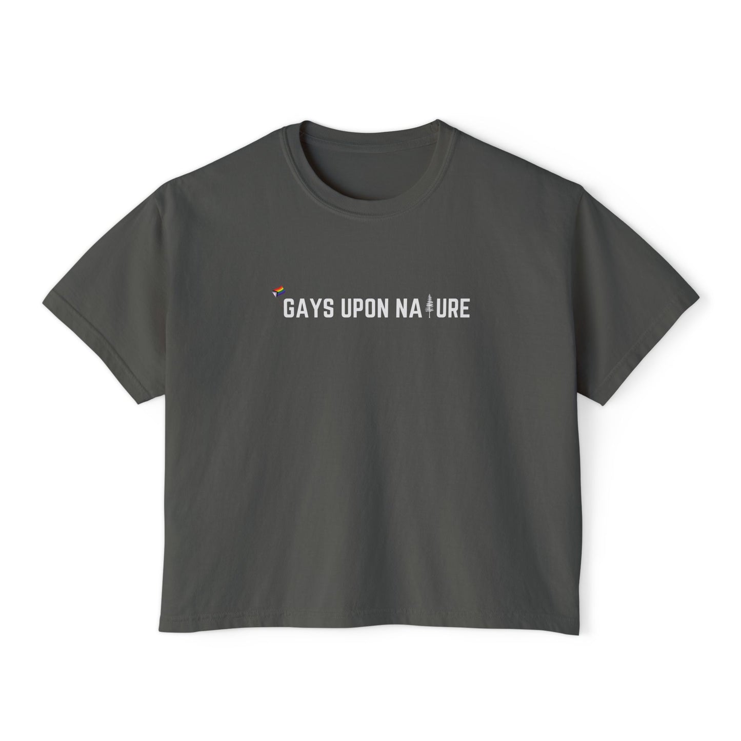 Tiny Pride Flag and Tree Boxy Tee (White Font)